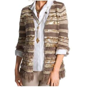 Chicos Women L $129 Embellished Wool Sweater Greta Cardigan Fringe Gold Sequin